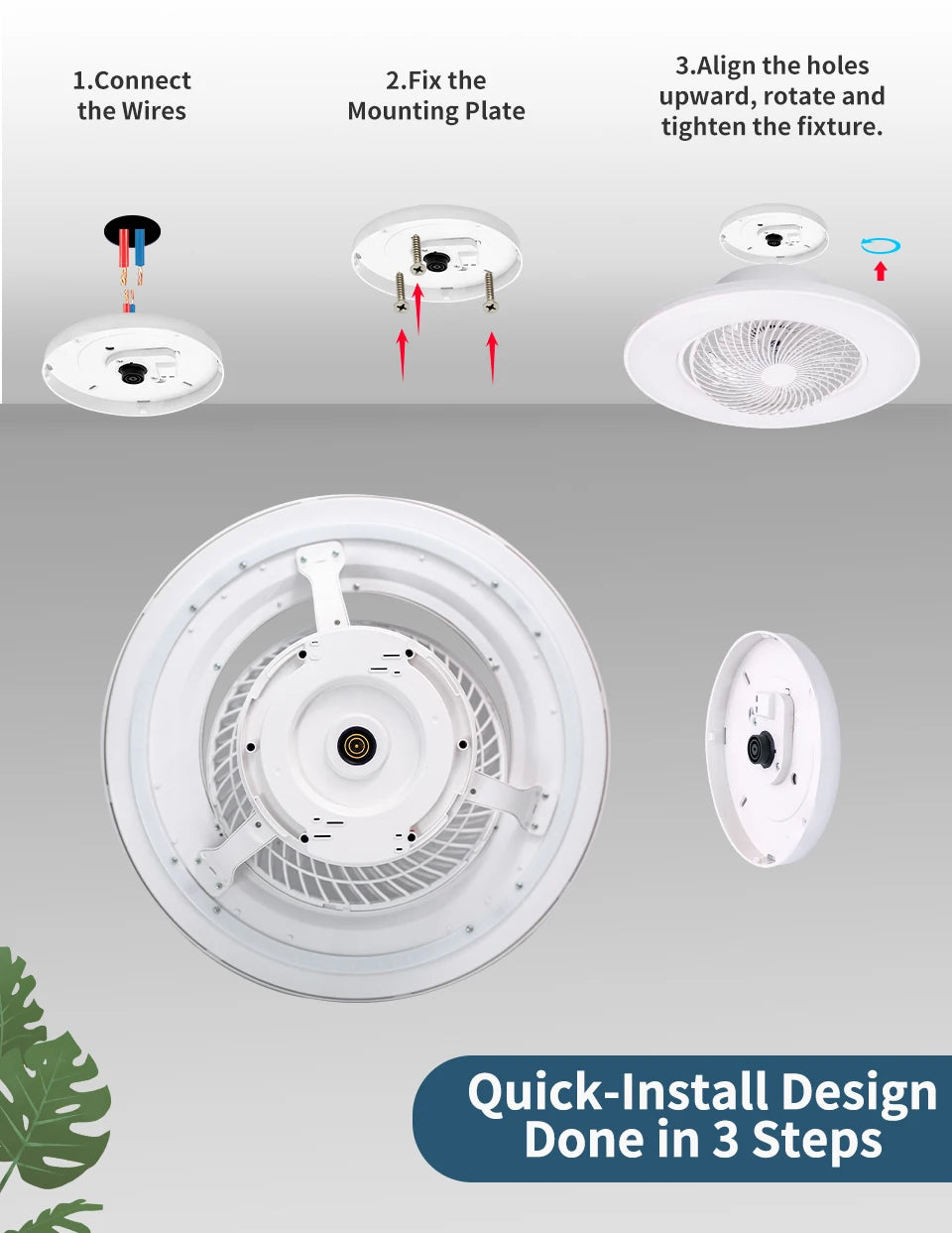 Ventilatore da soffitto da 100W con luce, controllo remoto tramite APP, lampada a LED dimmerabile a 360° °   Luce di sfondo RGB silenziosa girevole a 6 velocità per la casa