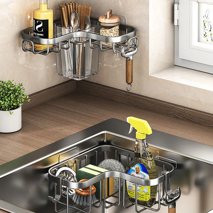 Carbon Steel Kitchen Sink Drain, Wall-Mounted Corner Rag Storage Rack, No Drilling, Waterproof Space Saver