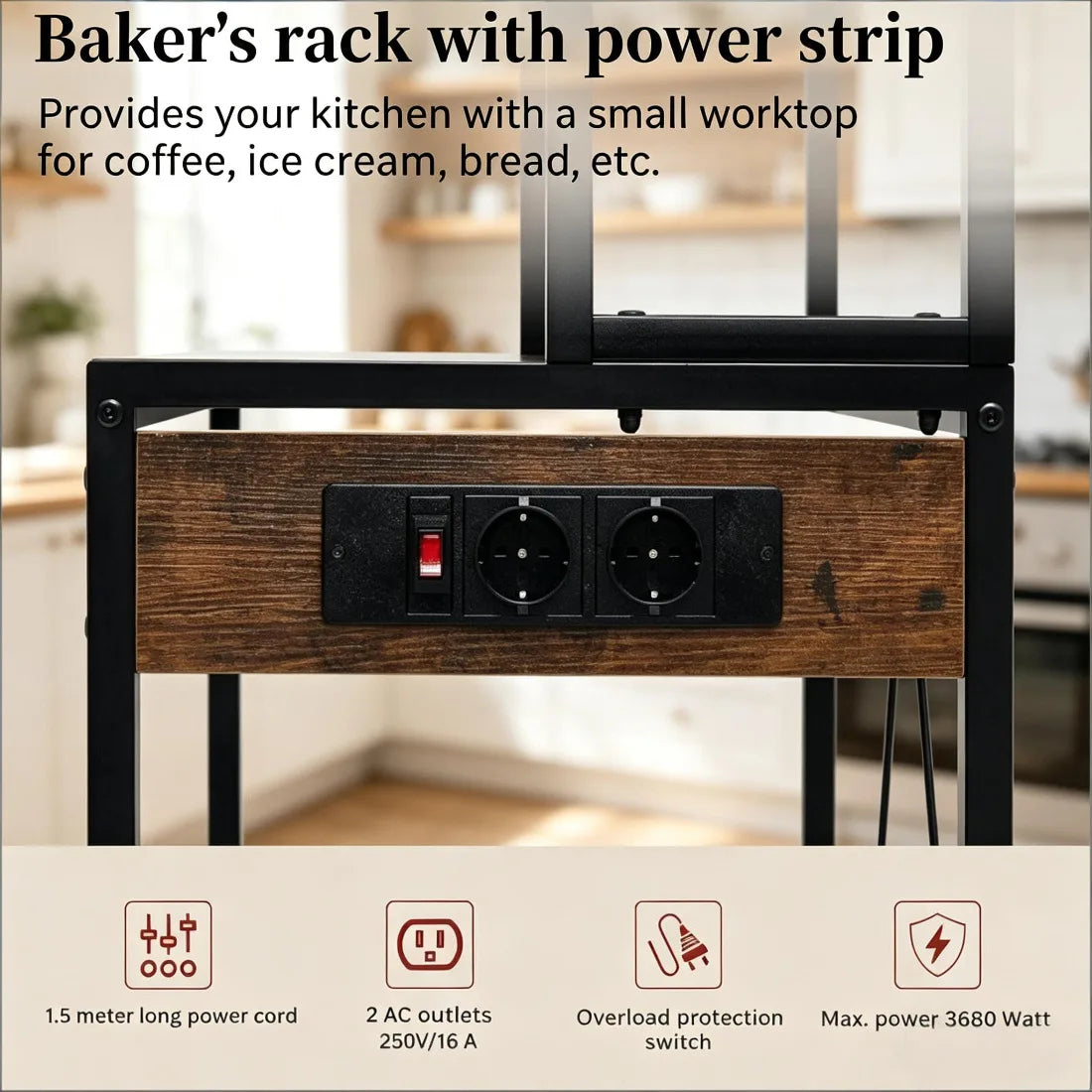 Kaffeestation, Küchenregal mit Steckdosen, Küchenschrank, Mini-Küchenarbeitsplatz, Ausstellungsregal – Alles in Einem für die Organisation von Kaffee und Geräten