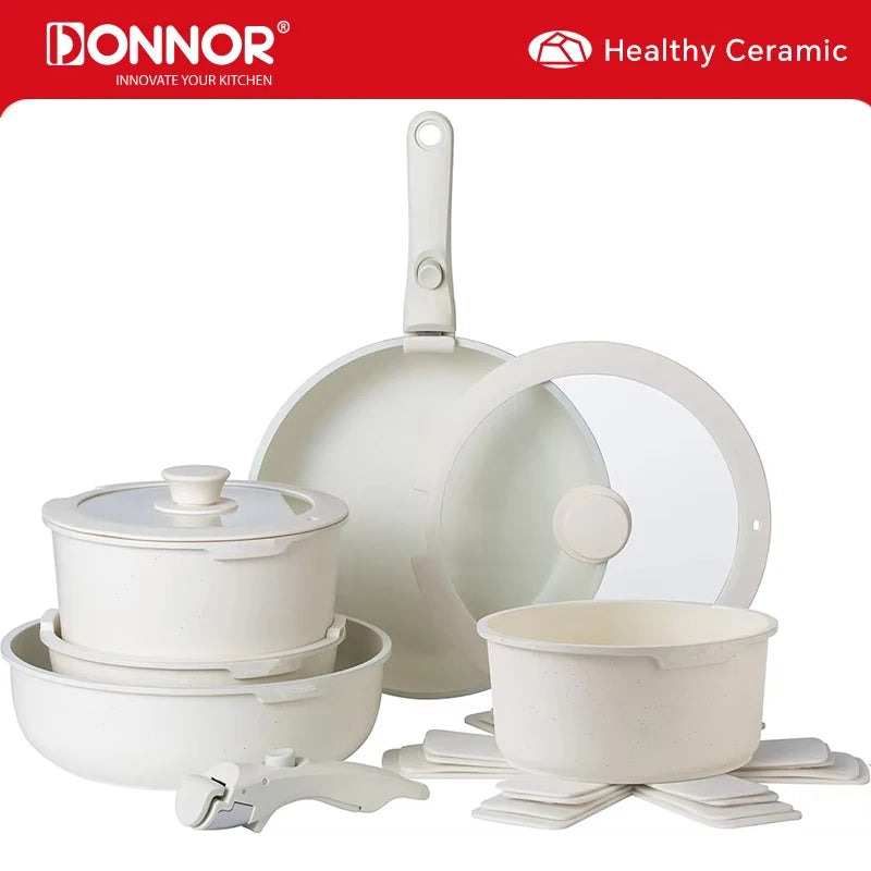 DONNOR 17 Pezzi Set di Pentole e Padelle Set di Pentole Antiaderenti con Manico Staccabile Set di Pentole da Cucina a Induzione Set di Padelle JT271
