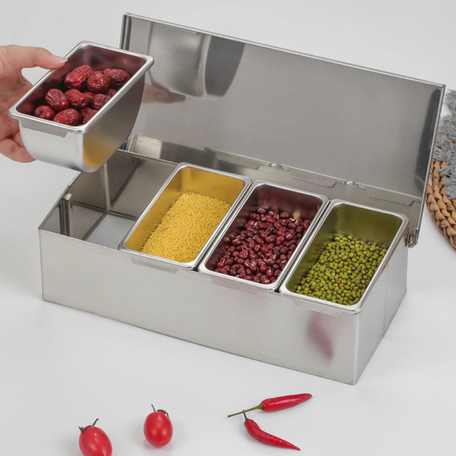 Silver Stainless Steel Fruit Box with 4 Compartments Household Fruit Storage Box Seasoning Box for Kitchens Restaurants Bars