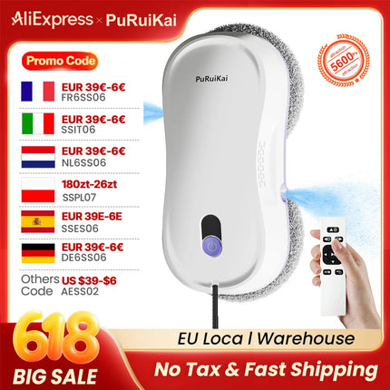 Portable PuRuiKai Window Cleaning Robot, Smart Cleaning with Dual Nozzle Water Sprayer, Remote Control