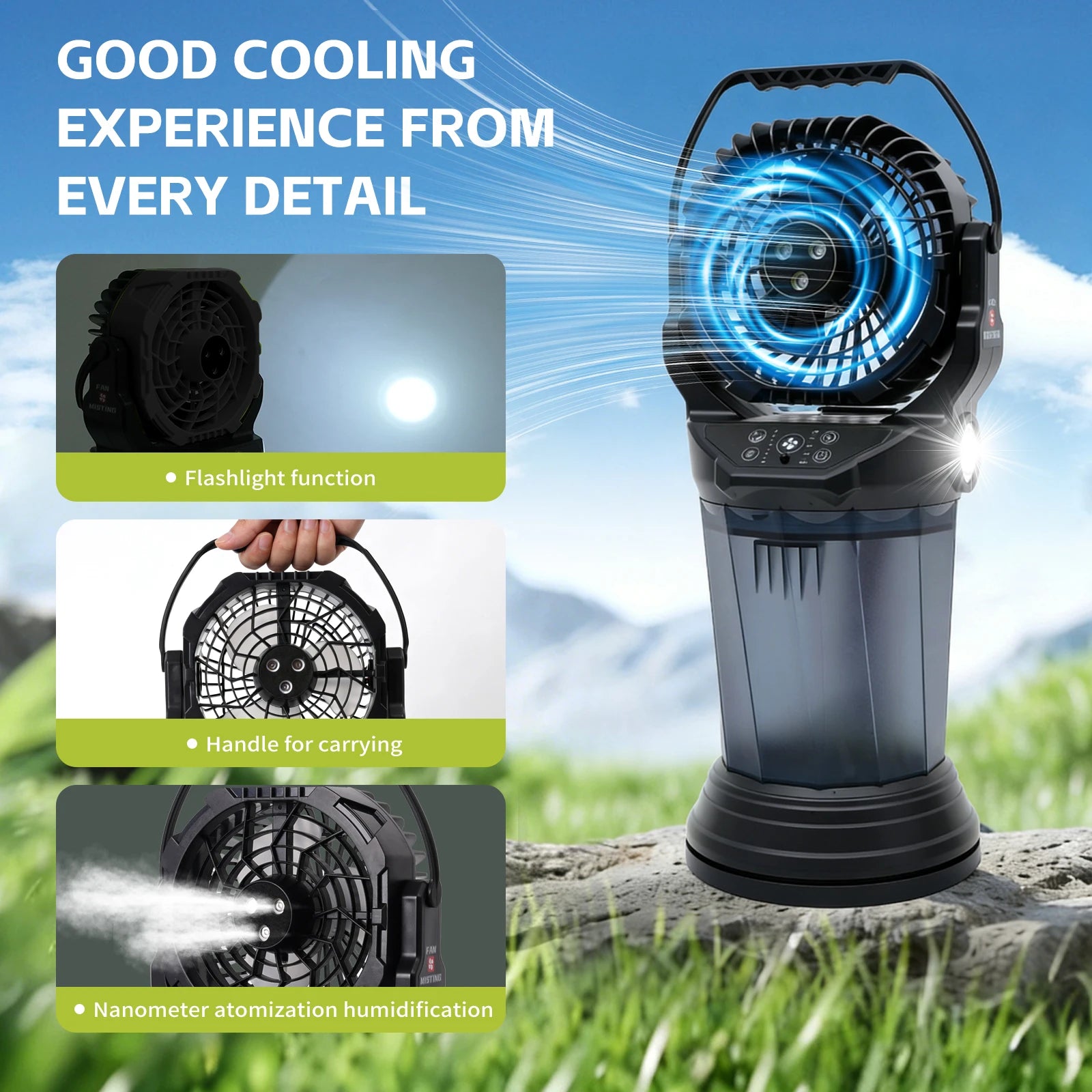 Ventilatore Nebulizzatore da Campeggio Esterno Nero 15000mAh Serbatoio da 2000ml Motore Brushless 90 °   Torcia portatile con luce RGB oscillante