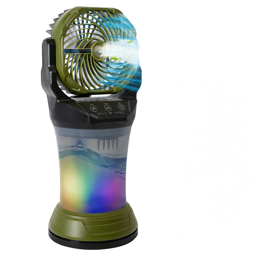 Ventilatore portatile con funzione nebulizzante, batteria, 4 impostazioni di velocità, serbatoio d'acqua da 2.000 ml e luce LED - ideale per il campeggio e l'uso all'aperto