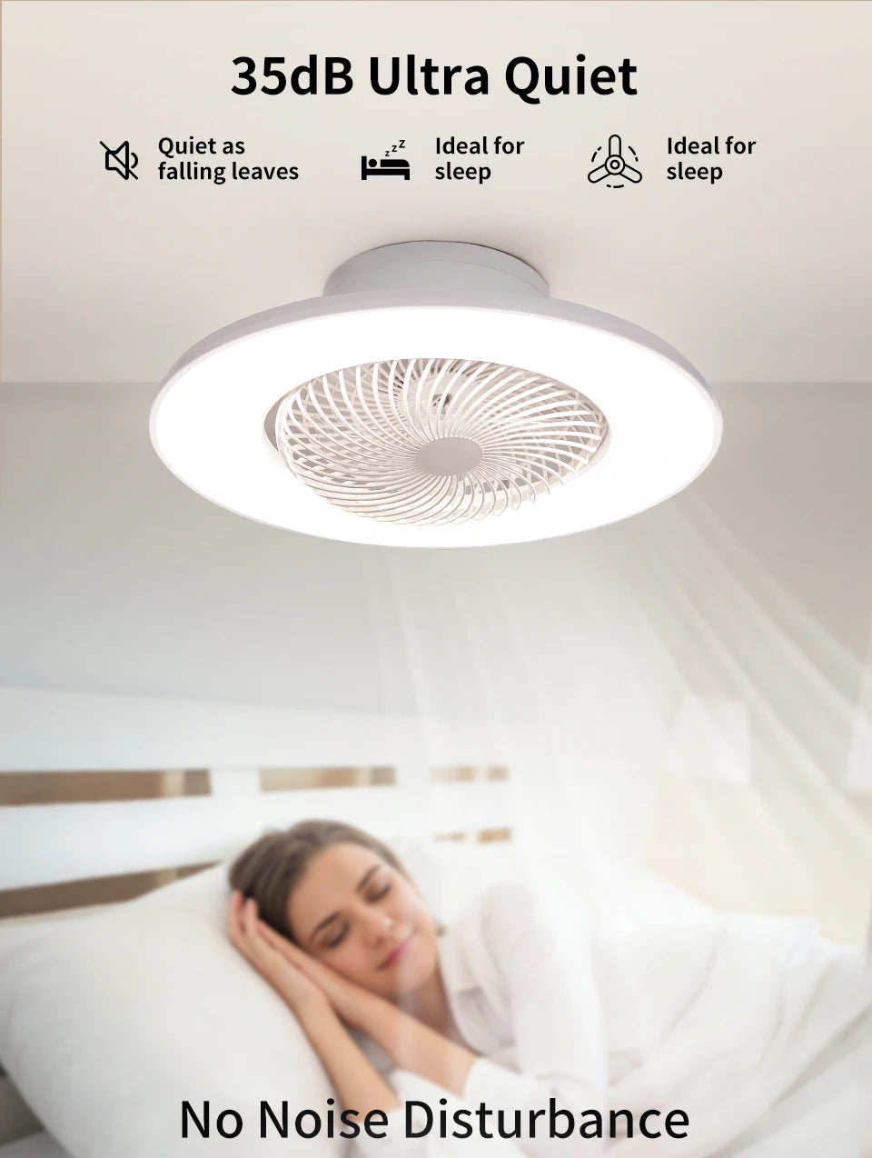 Ventilatore da soffitto da 100W con luce, controllo remoto tramite APP, lampada a LED dimmerabile a 360° °   Luce di sfondo RGB silenziosa girevole a 6 velocità per la casa