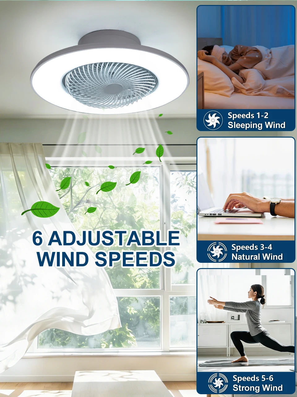 Ventilatore da soffitto da 100W con luce, controllo remoto tramite APP, lampada a LED dimmerabile a 360° °   Luce di sfondo RGB silenziosa girevole a 6 velocità per la casa