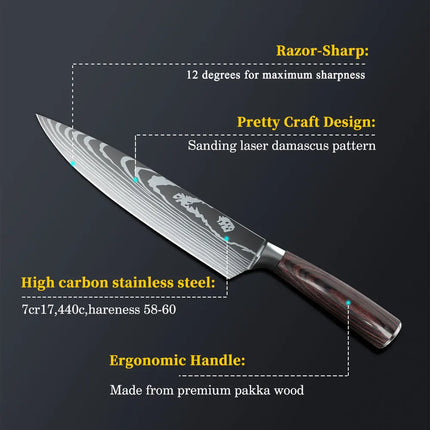 8-Inch Professional Chef Knife, 7CR17 Steel with Laser Damascus Pattern, Pakka Wood Handle, Kitchen Knife with Sheath and Gift Box