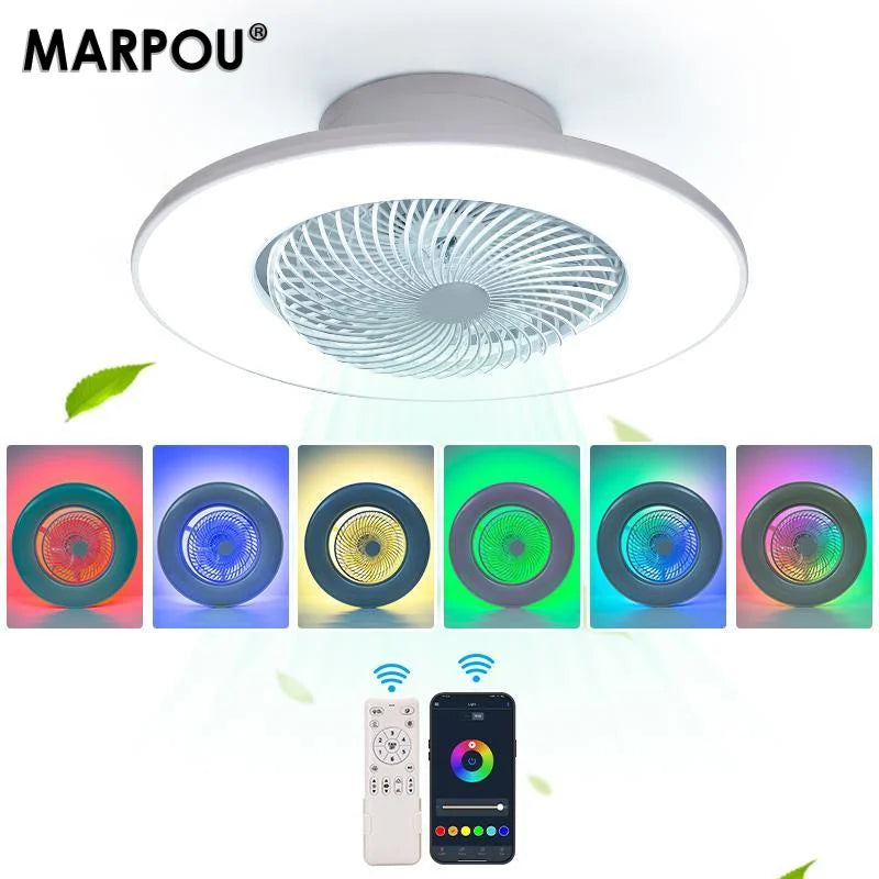 Ventilatore da soffitto da 100W con luce, controllo remoto tramite APP, lampada a LED dimmerabile a 360° °   Luce di sfondo RGB silenziosa girevole a 6 velocità per la casa