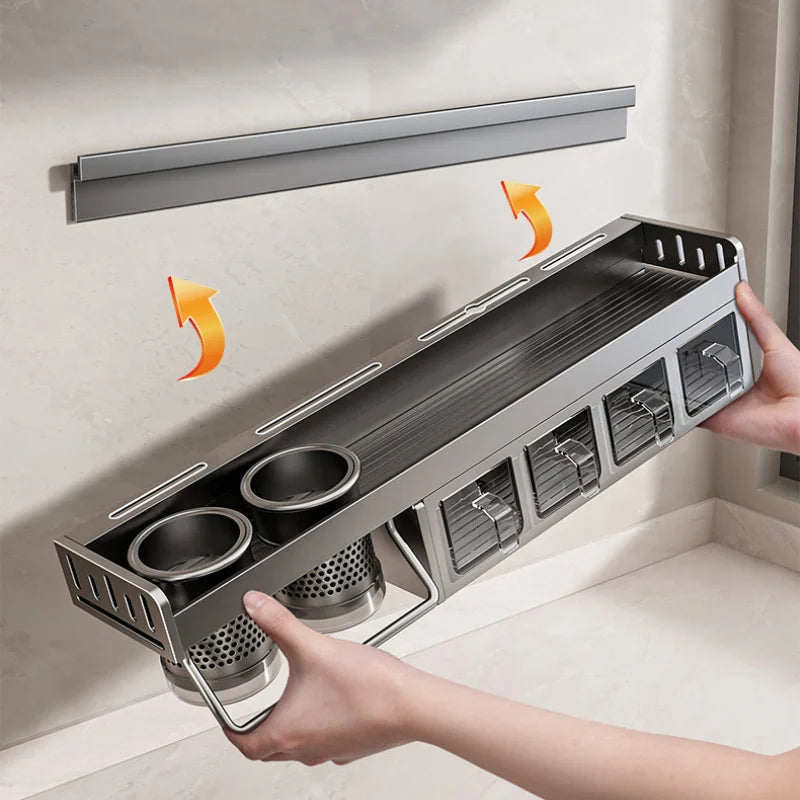 Scaffale portaoggetti da parete per cucina, portaoggetti drenabile per coltelli, bacchette, organizer combinato per spezie da cucina