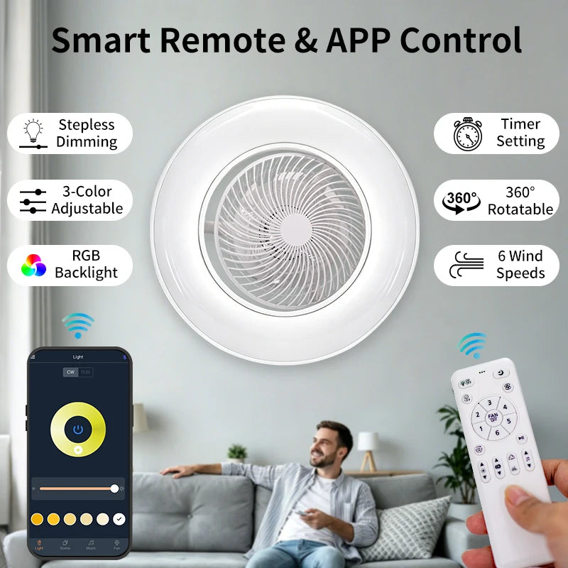 Ventilatore da soffitto da 100W con luce, controllo remoto tramite APP, lampada a LED dimmerabile a 360° °   Luce di sfondo RGB silenziosa girevole a 6 velocità per la casa