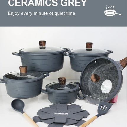 Donnor Set di pentole da 15 pezzi Serie Wave Set di pentole antiaderenti Casseruola con rivestimento in granito Utensili da cucina senza fumo