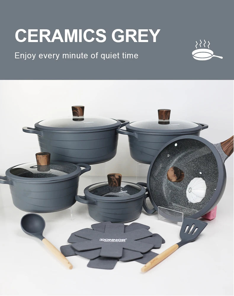 Donnor Set di pentole da 15 pezzi Set di pentole antiaderenti serie Wave Casseruola con rivestimento in granito Utensili da cucina senza fumo
