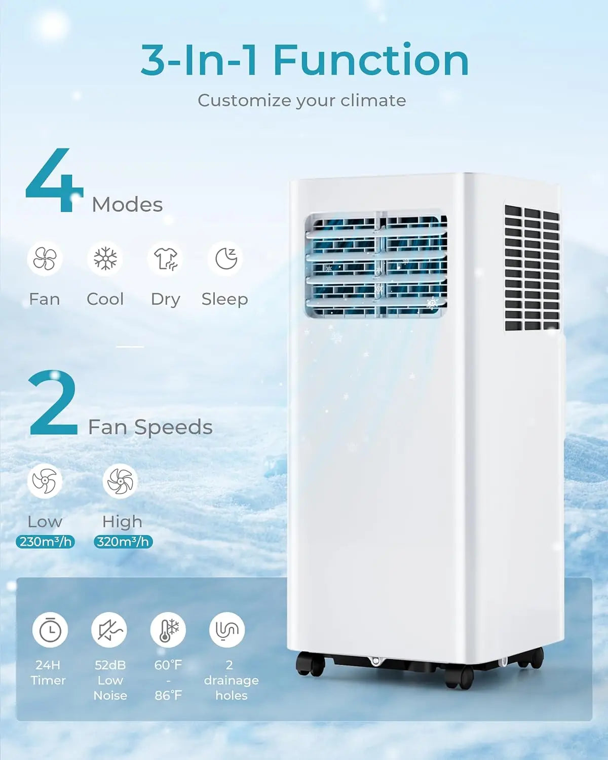 Condizionatori d'Aria Portatili 12000 Btu 3 in 1, Climatizzatore Portatile con Deumidificatore, Condizionatore da Pavimento per Casa