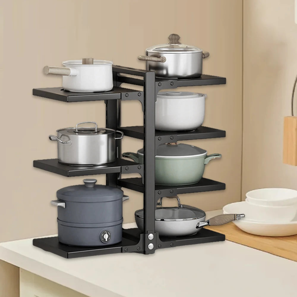 Multifunktionaler Küchen-Organizer, verstellbarer Topfhalter mit Abtropfschale, rostfreier Metall-Organizer für unter der Spüle oder auf der Arbeitsplatte