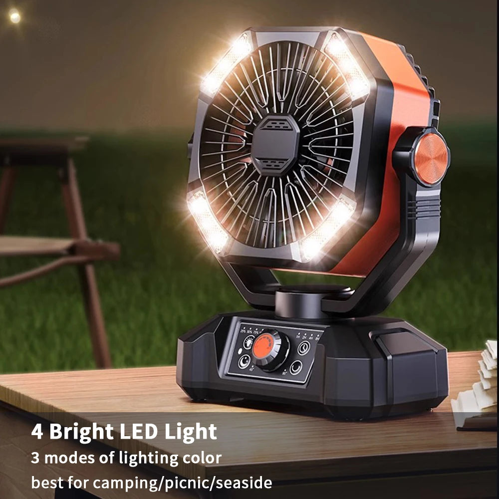 Ventilatore da campeggio con batteria da 20000 mAh con lanterna a 4 LED Ventilatore da tavolo a 8 velocità Ventilatore da esterno portatile per tenda da campeggio all'aperto e pesca