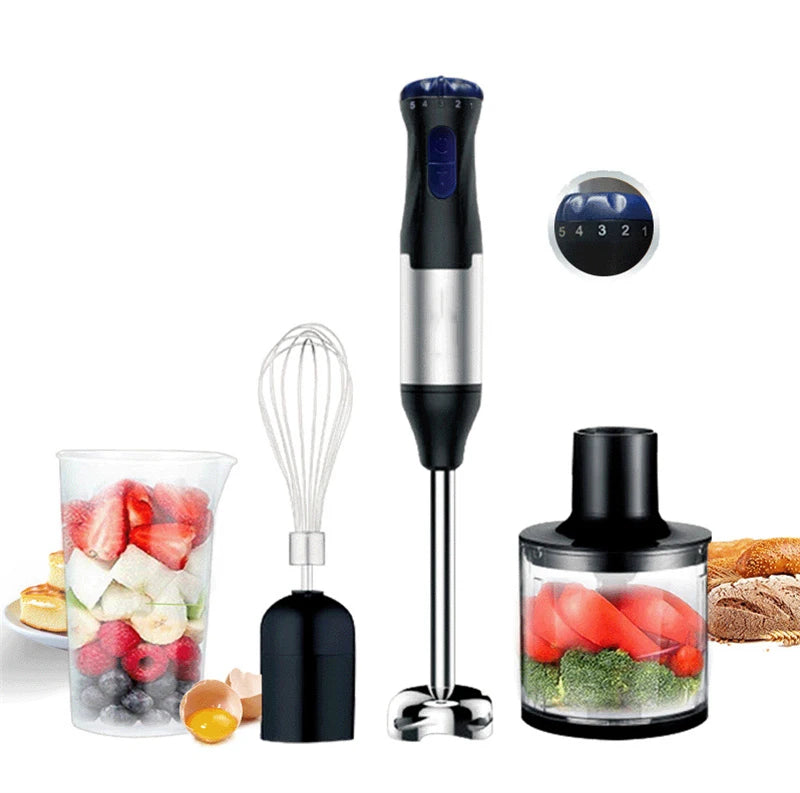 Edelstahl 4-in-1 Stabmixer Set, Handmixer, Gemüseschneider und Fleischwolf, Smoothie Maker