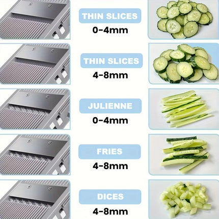 Affettatrice per Verdure Sicura con 4 Modalità, Tritatutto Regolabile, Utensile da Cucina per Tagliare a Cubetti e Julienne (Azzurro)