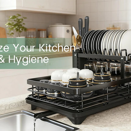 Two-tier dish drainer for kitchen counter, metal, with knife holder, plate holder and drip tray, for glasses.