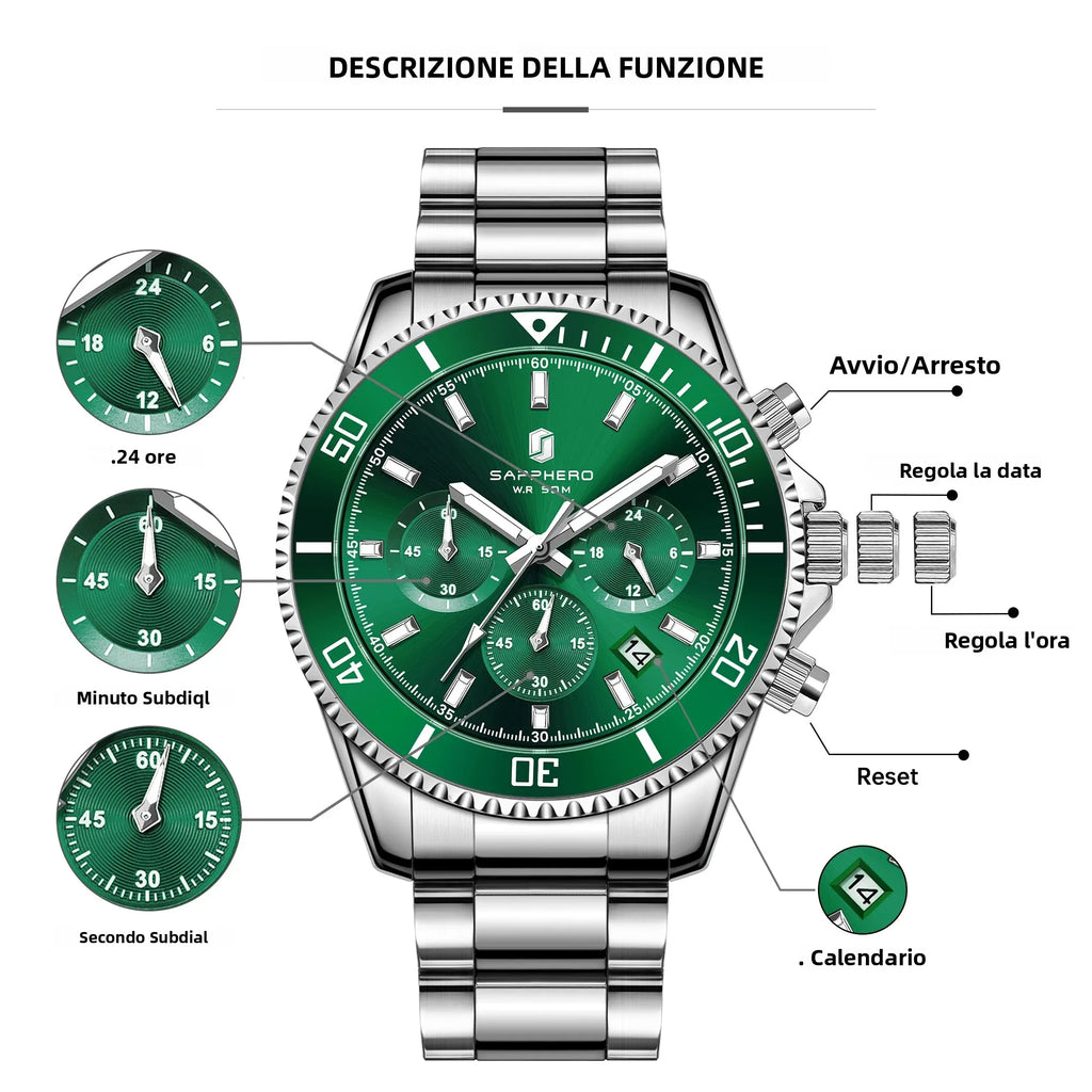 SAPPHERO Orologio da Polso Quarzo Uomo Acciaio Inossidabile Impermeabile 50M Cronografo