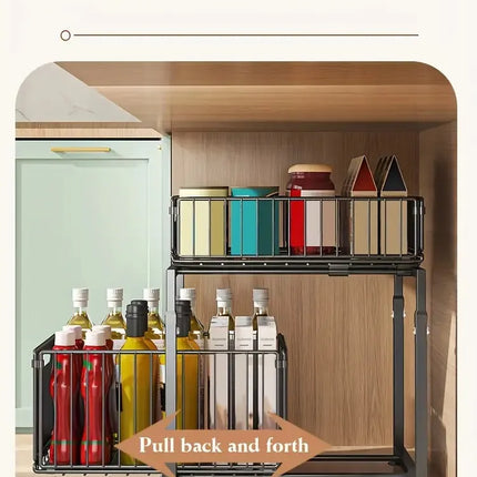 2-Tier Pull-Out Under-Sink Organizer, Adjustable Height, Carbon Steel Sliding Shelf for Kitchen and Bathroom