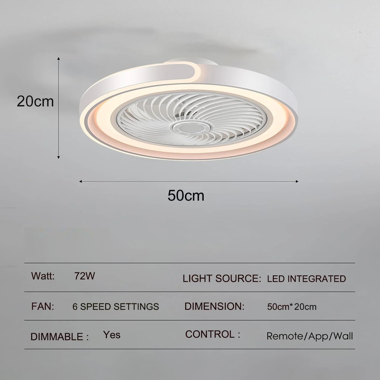Ventilatore da soffitto LED con telecomando e APP, dimmerabile, 6 velocità, 50x20 cm, Tetipa