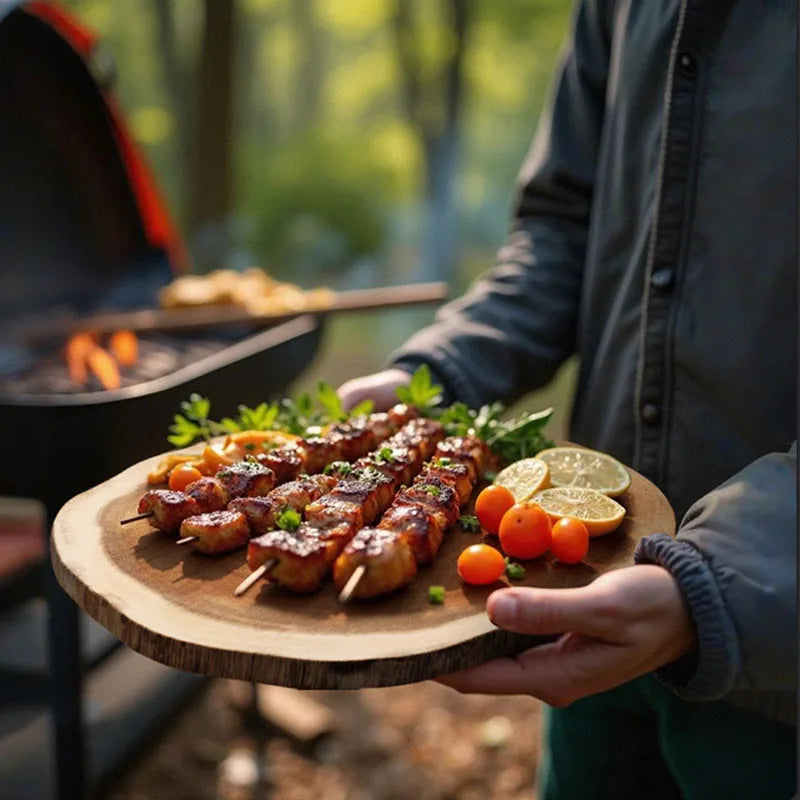 Servierplatte aus Massivholz, naturbelassen mit einzigartiger Maserung, handgefertigte, unregelmäßige Steakplatte aus Holz, Schneidebrett, Küchenutensilien für Restaurants
