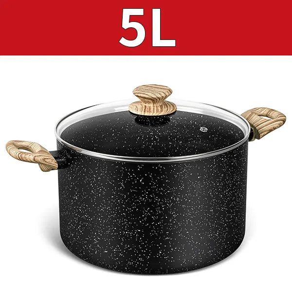 Pentola antiaderente Pentola per zuppa grande in granito da 5 litri Pentola per pasta con coperchio in vetro Pentole a induzione Pentole da cucina Nero