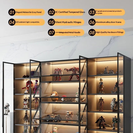 Customizable Display Case with Tempered Glass Door, LED Light, Large Capacity, Multiple Compartments, Aluminum Frame, Eco-Friendly