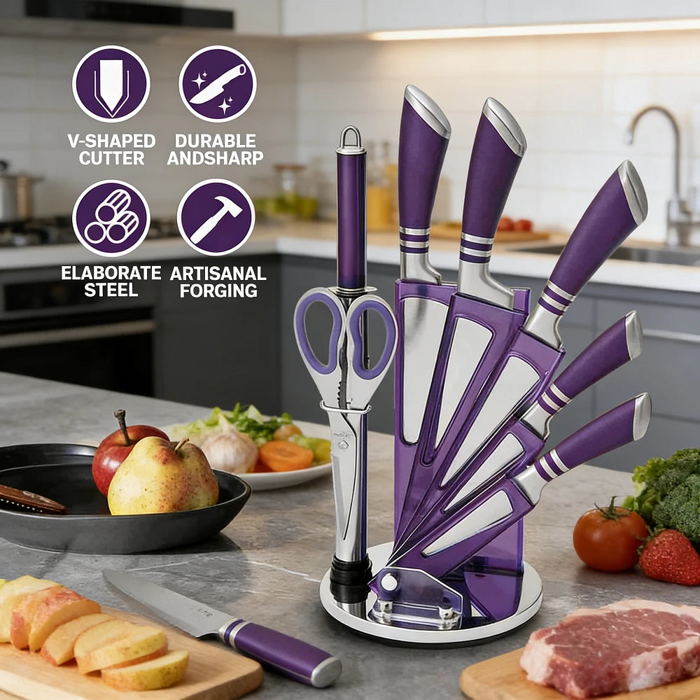 9-teiliges lila Küchenmesserset, scharf und verschleißfest, aus 3CR13-Edelstahl, mit ergonomischem Hohlgriff, Chefmesser-Set mit Geschenkverpackung