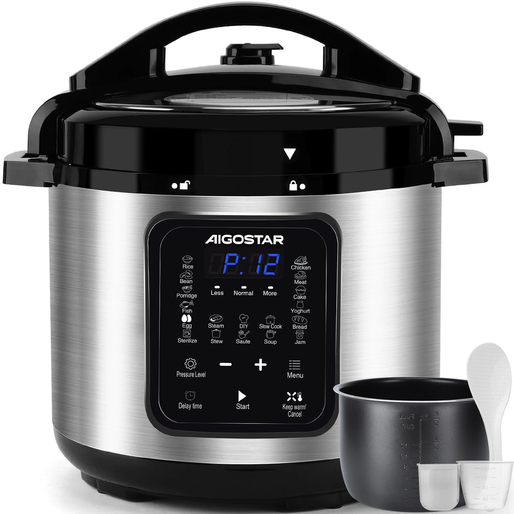 Aigostar Elektrischer Schnellkochtopf 18-in-1, programmierbarer 6-Liter-Kochtopf 24 Stunden, 3 Druckstufen, 1000 W Multikocher mit LED-Anzeige für Jogh