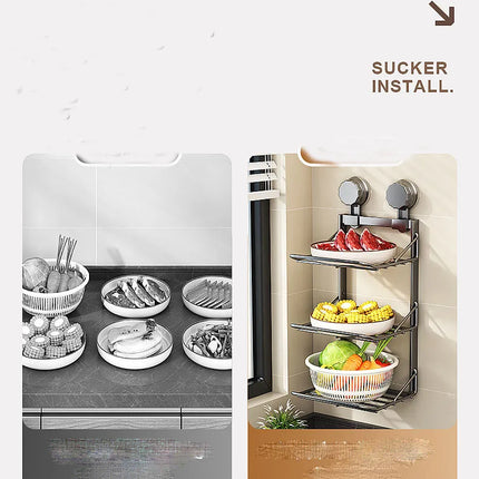 Ventosa multistrato Rastrelliere per verdure e frutta da cucina Vassoio angolare da parete Scaffale da cucina rimovibile Utensili senza foratura