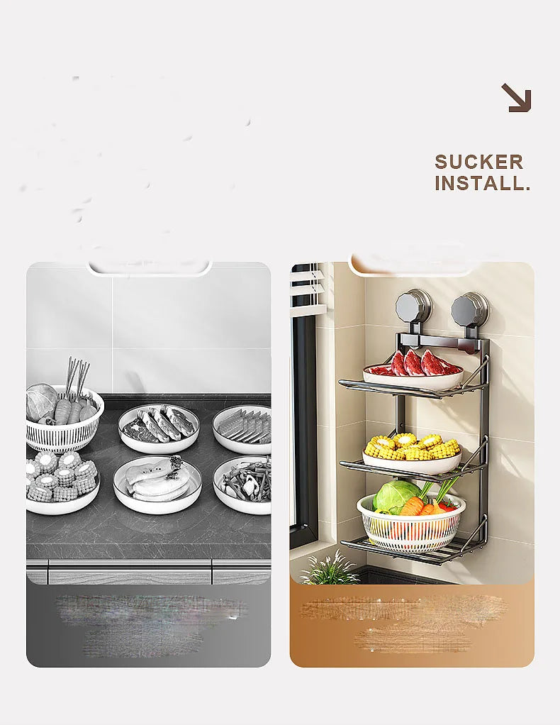 Ventosa multistrato Cucina Rastrelliere per verdure Frutta Parete angolare Vassoio per frutta Scaffale da cucina rimovibile Utensili senza trapano