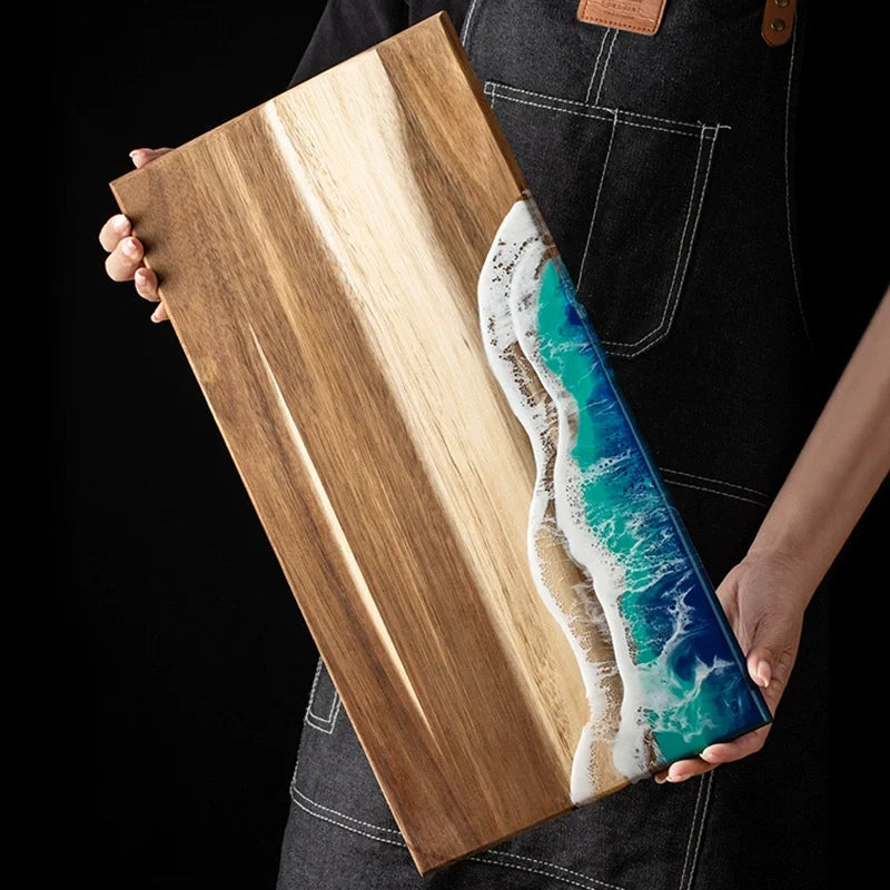 Akazienholz-Schneidebrett mit Epoxidharz im Ozeanwellen-Design, für Küchenzubereitungen und Käseplatten, für Wurstwaren, Challah-Schneidebrett