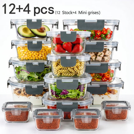 Set di 16 Contenitori in Vetro Ermetici (12+4) con Coperchi a Chiusura Ermetica, Barattoli in Vetro Anti-perdita per Alimenti, Adatti per Congelatore, Microonde e Lavastoviglie, Set di Contenitori per Pranzo, Frutta, Avanzi e