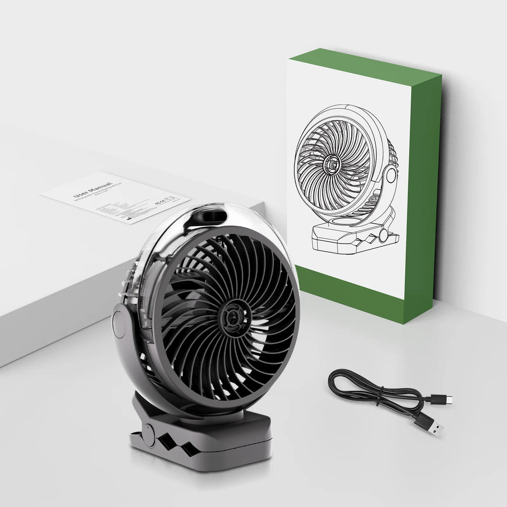 Ventilatore Portatile con Clip e Nebulizzatore, Ricaricabile, 3 Velocità, Display Digitale, Mini Umidificatore, Ventilatore da Scrivania Regolabile con 4000mA