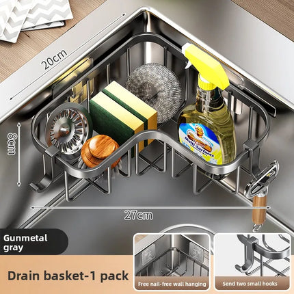 Carbon Steel Kitchen Sink Drain, Wall-Mounted Corner Rag Storage Rack, No Drilling, Waterproof Space Saver