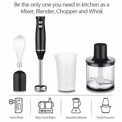 Immersion Blender 4-in-1 in Stainless Steel, Handheld Food Mixer, Vegetable and Meat Chopper, Whisk for Smoothies