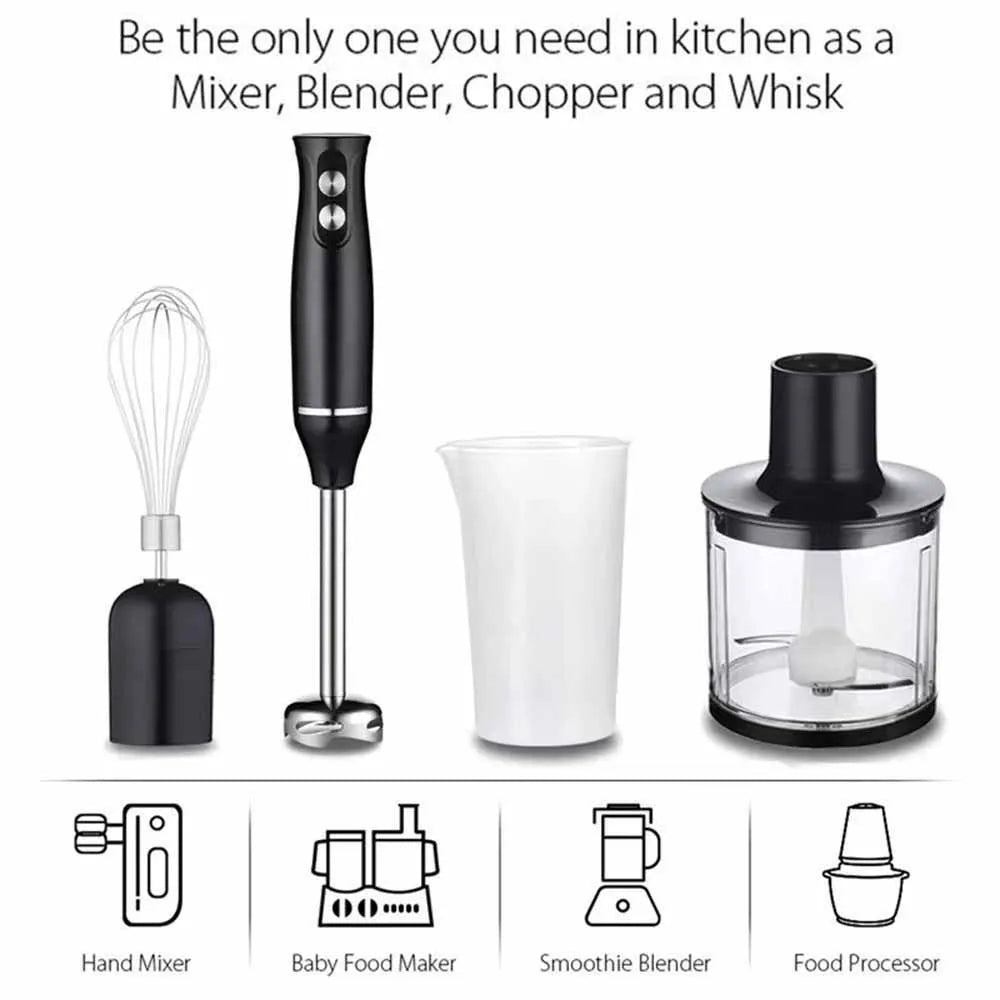 Edelstahl 4-in-1 Stabmixer Set, Handmixer, Gemüseschneider und Fleischwolf, Smoothie Maker
