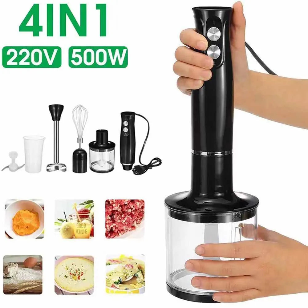 Edelstahl 4-in-1 Stabmixer Set, Handmixer, Gemüseschneider und Fleischwolf, Smoothie Maker