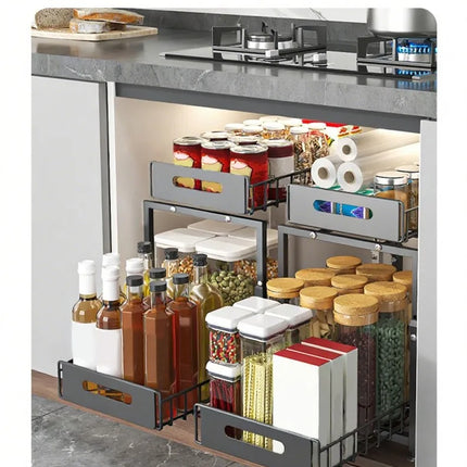 Kitchen Organizer: Under-Sink Pull-Out Basket, Adjustable Double-Layer Shelf for Bowls, Plates, and Spices, Made of Metal