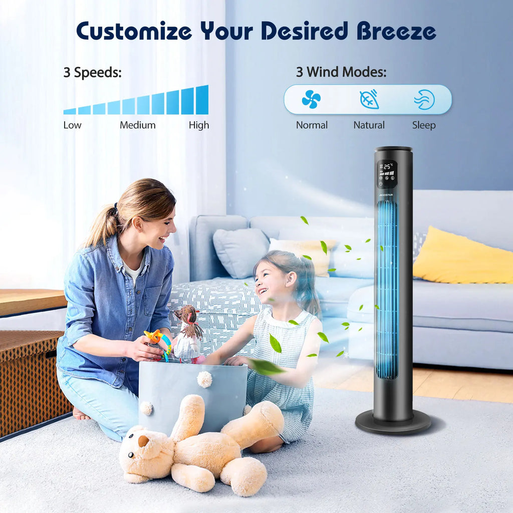 Aigostar Ross Smart - Intelligenter WiFi Turmventilator mit Fernbedienung, 50W, LED-Anzeige, 70° Oszillation, 3 Geschwindigkeiten, 3 Modi, 24-Stunden-Timer, APP-Steuerung, geeignet für Zuhause und Büro