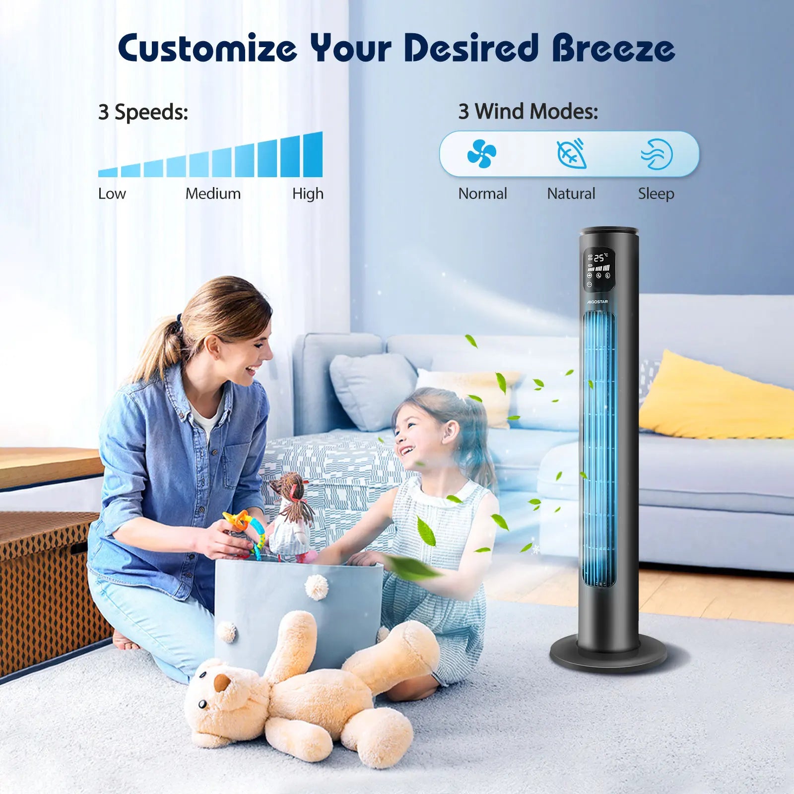 Aigostar Ross Smart - Ventilatore a torre Smart WiFi con telecomando, 50W, display LED, oscillazione 70°, 3 velocità 3 modalità, timer 24 ore, controllo APP, adatto per casa e ufficio