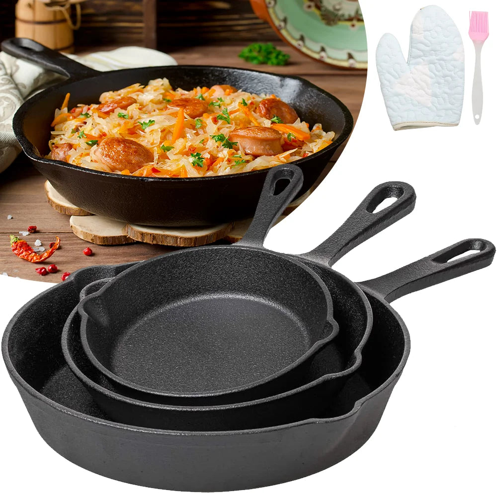 Set di 3 Padelle in Ghisa Non Rivestita Nera per Friggere, Pentola Antiaderente in Acciaio, Padella e Casseruola per Cucina