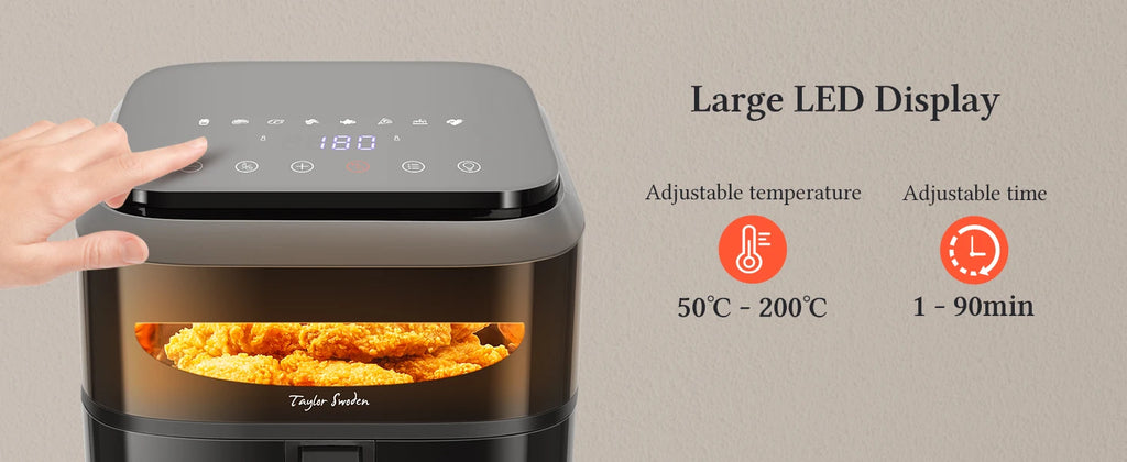 Friggitrice ad aria 6,5 L XXL doppia resistenza 8 funzioni finestra visualizzazione griglia antiaderente Taylor Swoden nera