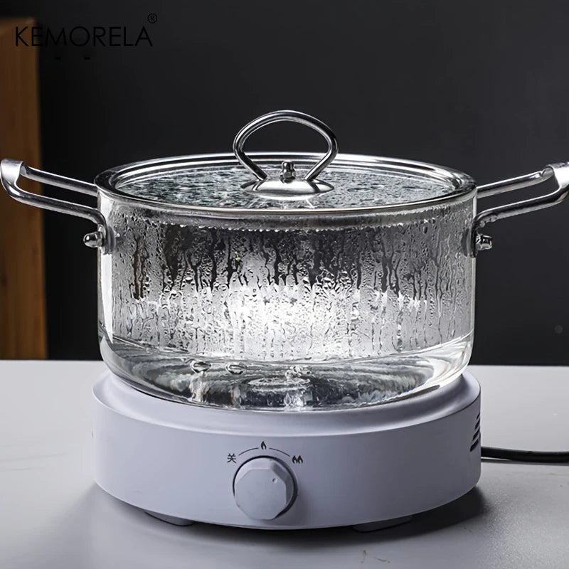KEMORELA 1 STÜCK Glas Topf 2.5L/3.5L Hitzebeständiger Simmertopf Doppelgriff Töpfe mit Topfdeckel Borosilikatglas-Kochgeschirr