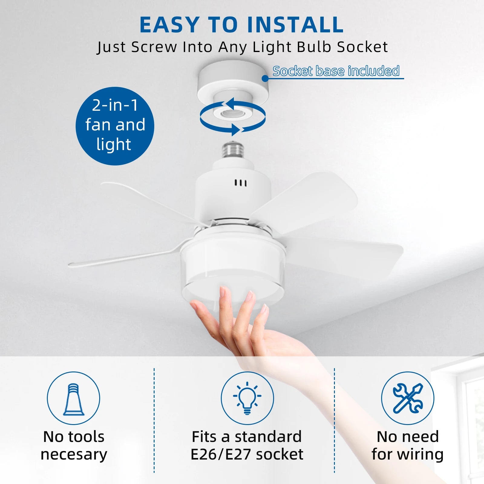 Ventilatore da soffitto E27 con luce, 4 velocita, 3 temperature di colore, telecomando, bianco/legno