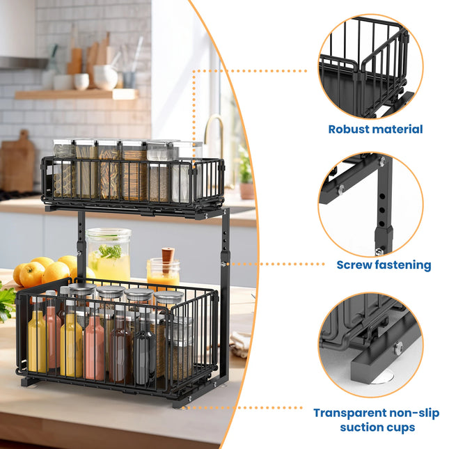 2-Tier Pull-Out Organizer with Sliding Basket, Adjustable Height, Under-Sink Shelf for Kitchen, Spice Rack