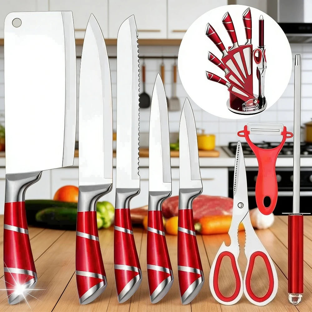 9-teiliges Küchenmesser-Set mit Messerblock, Hohlgriff, Edelstahl, scharfe Kochmesser, für Zuhause, Küche, Restaurant, Geschenkidee