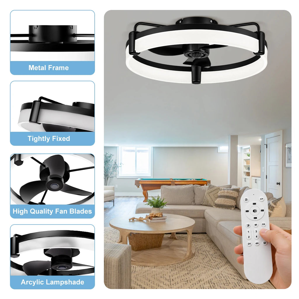 Ventilatore da soffitto LED reversibile a incasso con luce e telecomando, timer, dimmerabile, 6 velocità, motore DC ultra silenzioso, ventilatore rotondo per camera da letto e casa