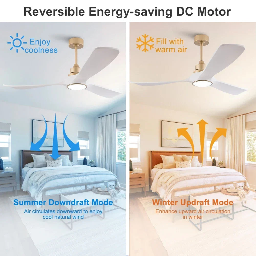 Ventilatore da soffitto bianco-oro da 52 pollici con luce e telecomando, funzione di memoria, motore DC silenzioso e reversibile, 3 pale in ABS, moderno ventilatore da soffitto per interni ed esterni con luce per camera da le